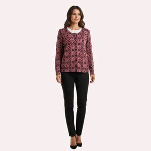 Talbots Womens Cardigan Sweater Burgundy Wine Paisley Print Metallic Gold L NWOT